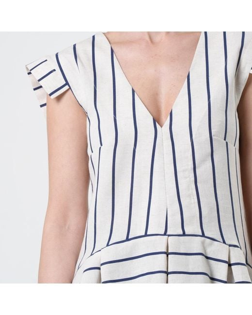 Metamorph Blue Asymmetric Linen Top On Stripes