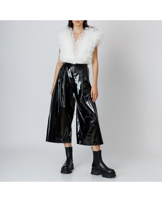 LIA ARAM Black Wrap-Around Faux Leather Cropped Trousers