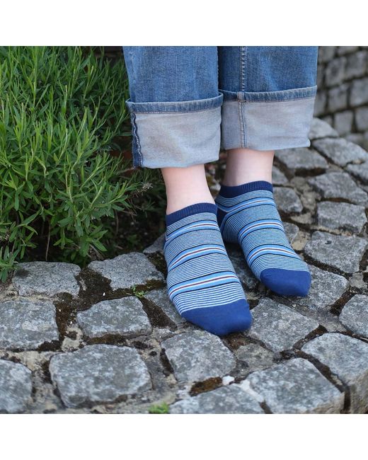 Peper Harow - Made in England Blue Multistripe & Oxford Stripe Trainer Socks Bundle for men