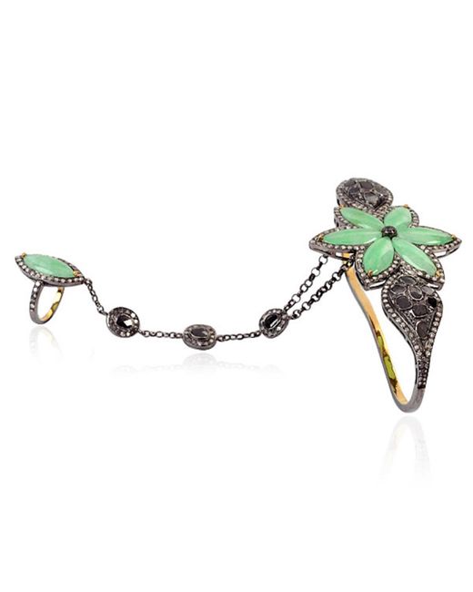 Artisan Green Marquise Jade & Diamond Floral Design Ring With Palm Bracelet In 18k Gold 925 Silver