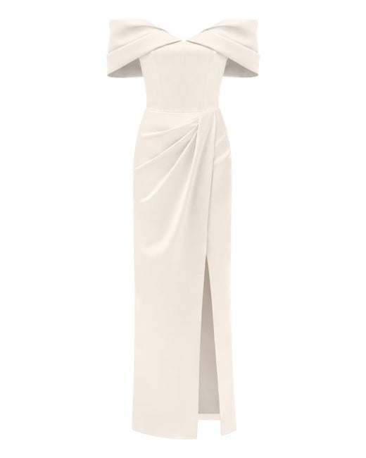 Tia Dorraine White Heavenly Kissed Draped Satin Maxi Dress