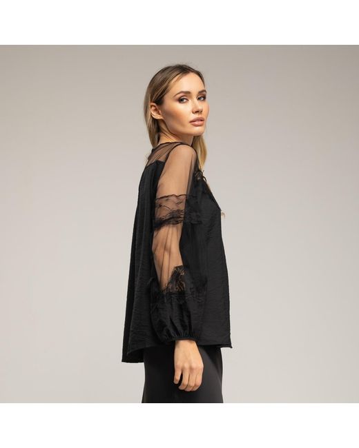 Tantra Spain Sl Black Chiffon Blouse With Tulle Sleeves And Shoulders And Lace Details
