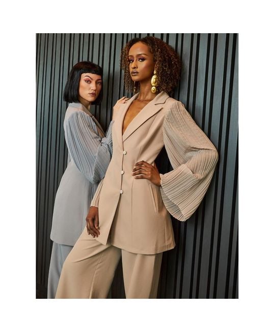 NALÈ Pink Pleated Sleeves Blazer With Detachable Belt & Palazzo Wide Leg Trouser Suit