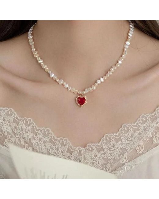 Angel Barocco White Ruby Heart Baroque Pearl Necklace