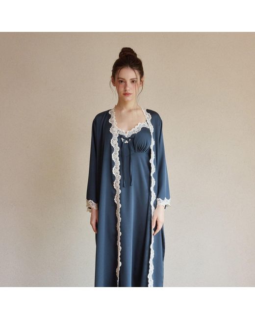 Luna Luz Blue Clara Silk-Satin Slip & Robe Set