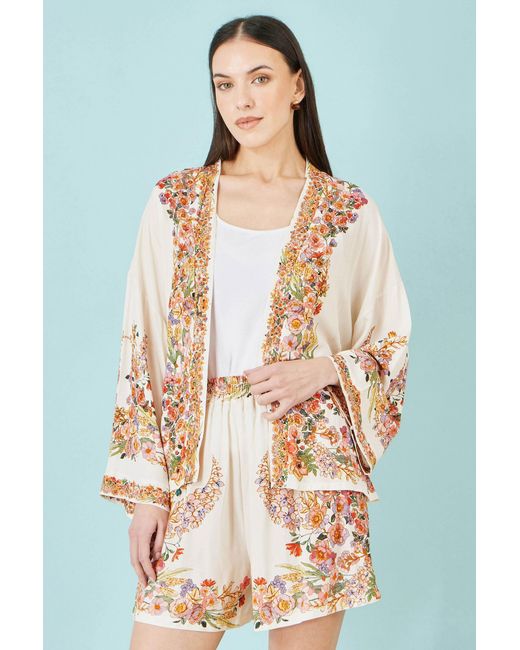 Yumi' Metallic Neutrals Ivory Viscose Floral Border Kimono With Tie Belt