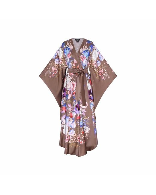 Meng Purple Chocolate Watercolour Flowers Silk Satin Wrap Dress