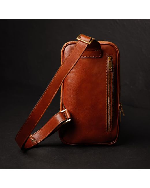 Time Resistance Brown Cognac Leather Sling Bag Chest Bag for men