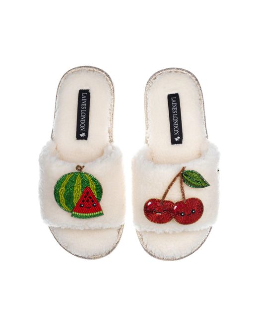 Laines London White Teddy Slider Slippers With Laines Lovables Watermelon & Cherry Brooches