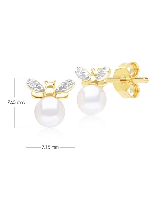 Gemondo Metallic Honeycomb Inspired Pearl & Diamond Bee Stud Earrings In Yellow Gold