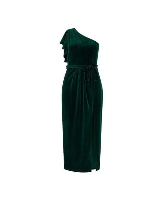 Yumi' Green Velvet Frill One Shoulder Midi Dress With Split Hem