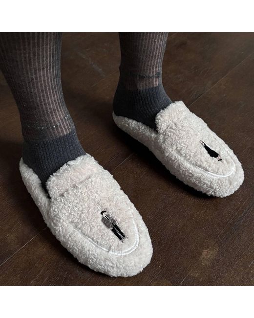 London Atelier Byproduct Blue Neutrals Shearling Mules With Embroidery Patches