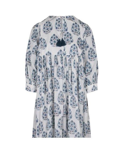 La Mandarine Blue Block Printed Cotton Summer Dress With Pockets, Valerie Midi Dress