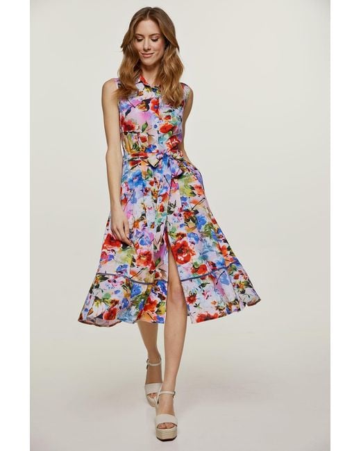Conquista Blue Floral Sleeveless Dress With Belt