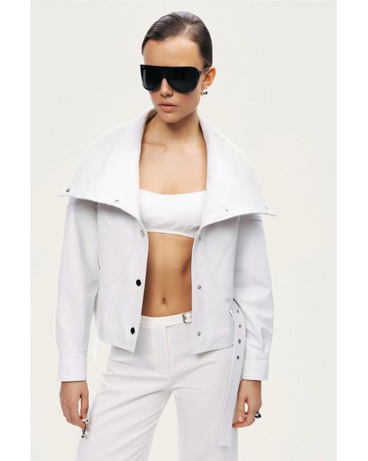 Nocturne White High-Neck Belted Jacket