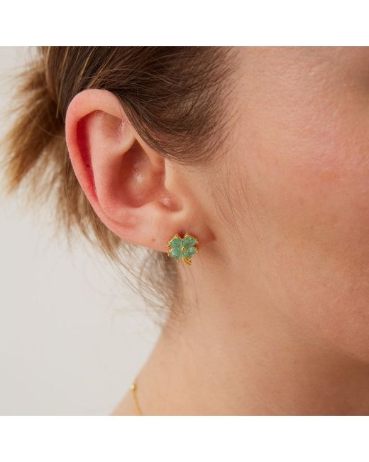 Spero London Green Four Leaves Clover Sterling Silver Stud Earring