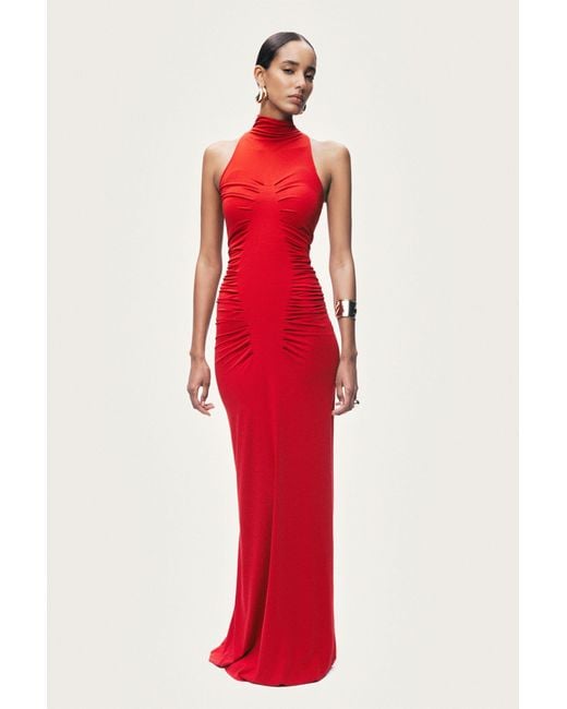 Nocturne Red Ruched High-Neck Maxi Dress