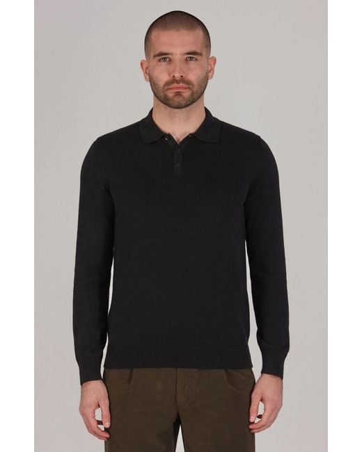 Paul James Knitwear Blue Lightweight Cotton Hall Long Sleeve Knitted Polo Shirt for men