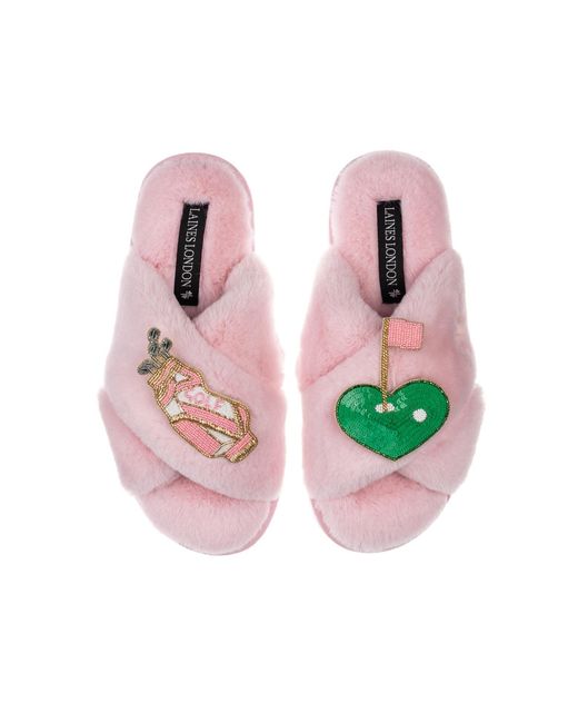 Laines London Pink Classic Laines Slippers With Golf Lover Brooches