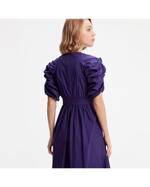 Smart and Joy Purple Trapeze Dress With Puffed Sleeves
