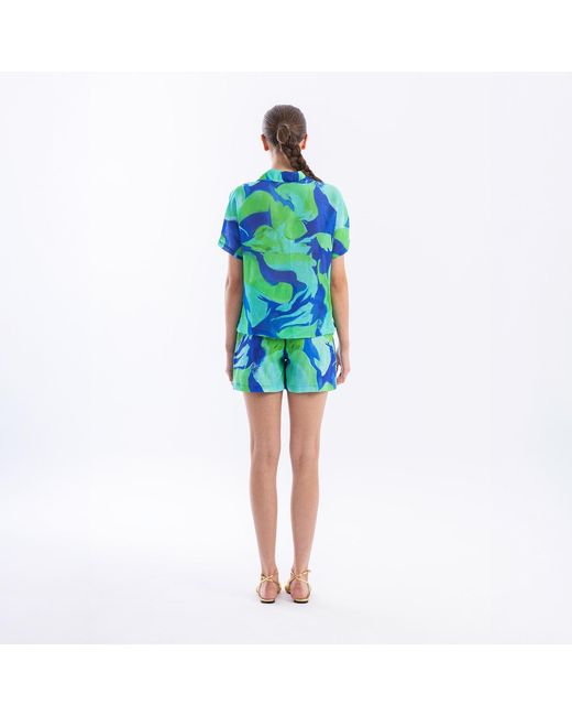 Haris Cotton Green Printed Linen Shorts With Front Pleats Lagoon