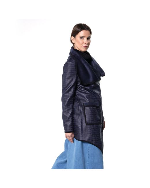 Metamorph Blue Croc-Effect Asymmetric Zip Coat With Draped Collar