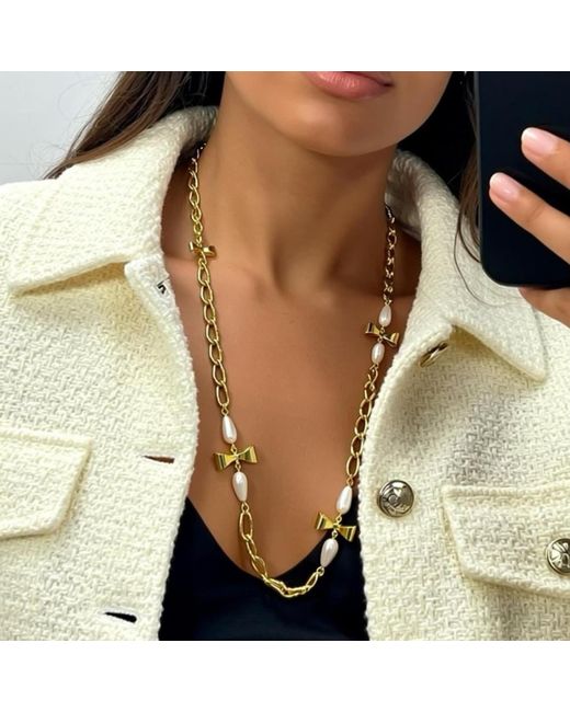 Caramel Vintage Jewellery Metallic Bow And Pearl Link Necklace