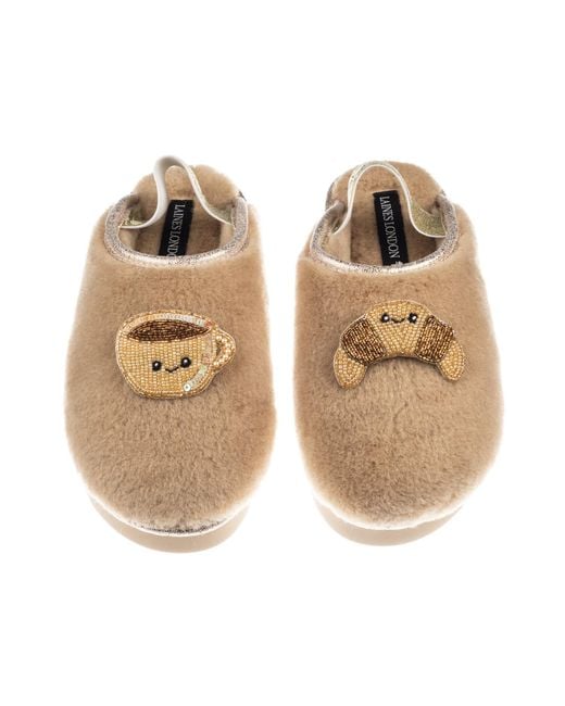 Laines London Natural Neutrals Flatform Cloud Closed Toe Slippers With Laines Lovables Coffee & Croissant Brooches