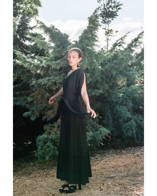 Jennafer Grace Black Diamond Pleated One-Shoulder Maxi Dress