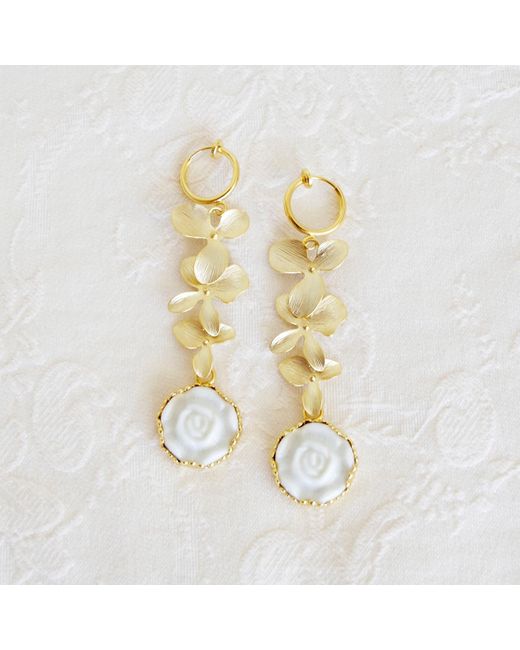 POPORCELAIN Metallic Porcelain Moonlight Rose And Triple Leaves Clip-on Earrings