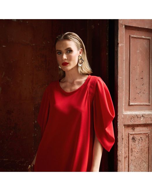 Monessa Joan Red Draped Dress With Detachable Sleeves
