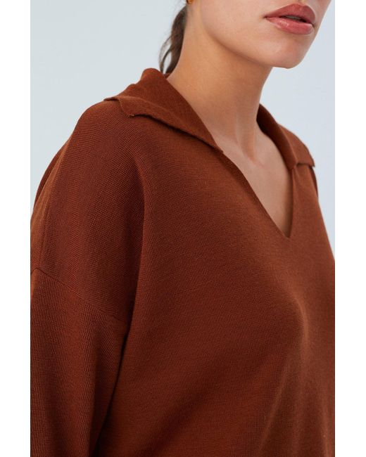 Peraluna Brown Polo V Neck Wide Sleeve Loose Fit Knit Pullover