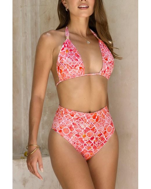 Sophia Alexia Pink Marble Mosaic Rio High Rise Fold Over Bikini Bottoms
