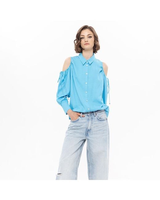 Nissa Blue Cut-Out Viscose Shirt