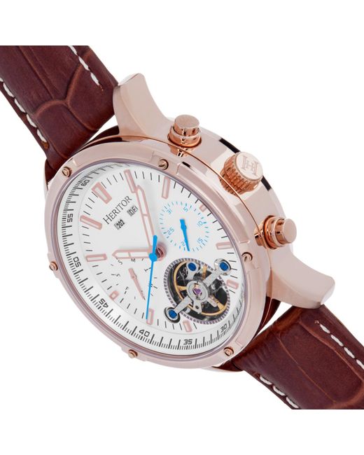 Heritor Metallic Wilhelm Semi-skeleton Leather-band Watch With Day And Date for men