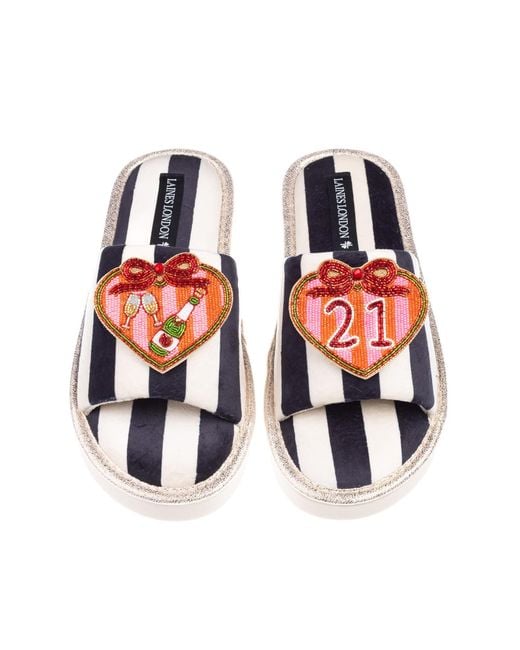 Laines London Red Flatform Stripe Open Toe Slippers With Stripe Heart 21St Birthday Brooches