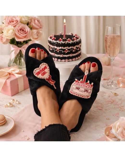 Laines London Black Classic Laines Slippers With Birthday Girl Brooches