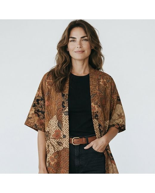 ORIGIN OF HEARTS Brown Tarua Resort Satin Kimono Shirt