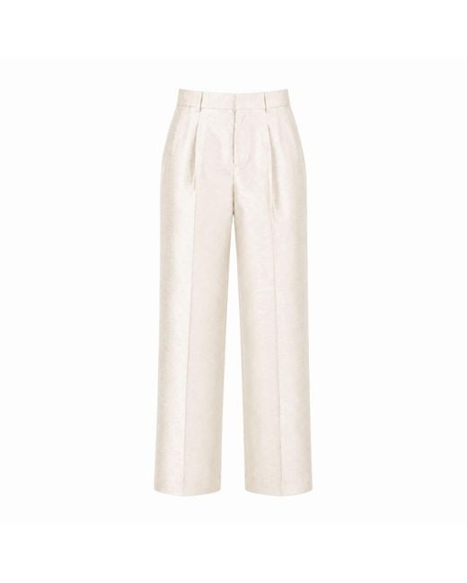 Gushka White Ivory Silk Straight-Leg Shantung Trousers