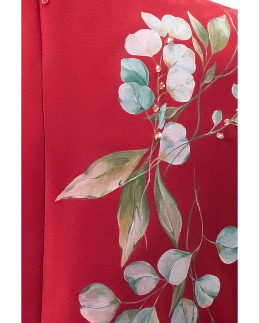 Rondooz Red Hand Painted Satin Peplum Top With Hand Applied Embellishment