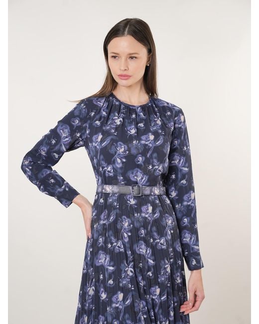 John Abgin Blue Chiffon Floral Textured Pleated Maxi Dress