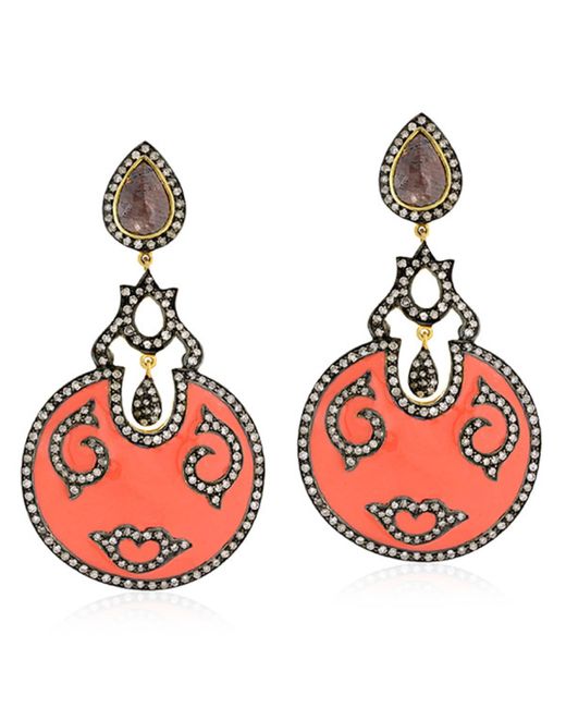 Artisan Red Natural Ice Pave Diamond In 18k Gold With 925 Sterling Silver Enamel Dangle Earrings