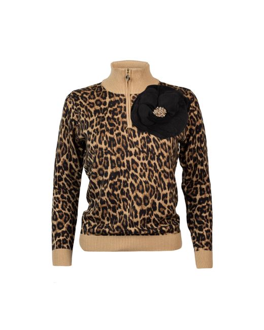 Laines London Black Laines Couture Leopard Print Quarter Zip Jumper With Embellished Corsage