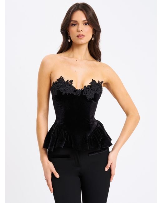 Miss Circle New York Black Qiara Velvet Peplum Top With Lace Trim