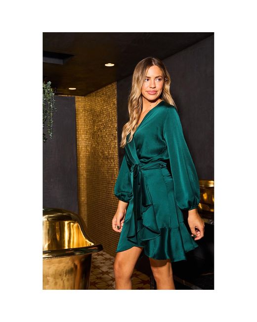 Urban Touch Green Long Sleeve Wrap Front Dress Chocolate