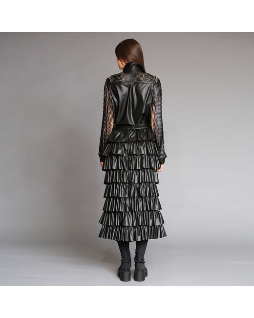 Silvia Serban Black Eco Leather Skirt With Ruffles & Adjustable Length