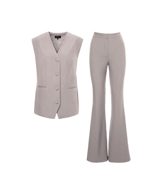 BLUZAT Gray Neutrals Suit With Oversized Vest And Flared Trousers