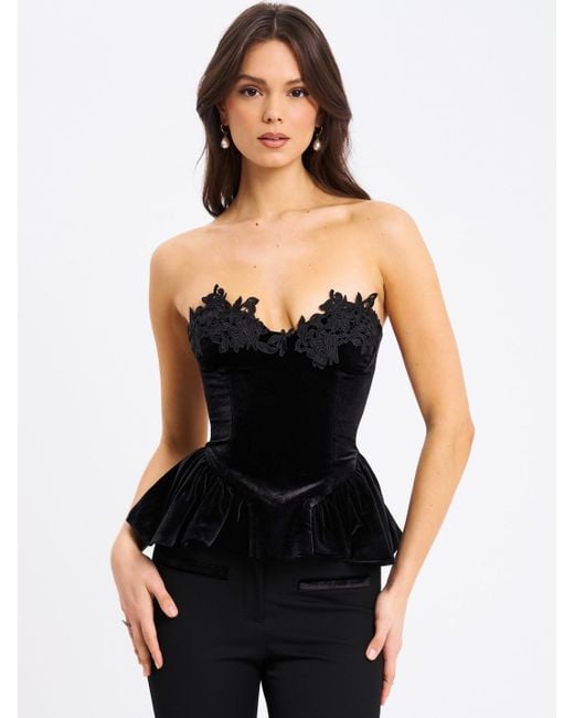 Miss Circle New York Black Qiara Velvet Peplum Top With Lace Trim