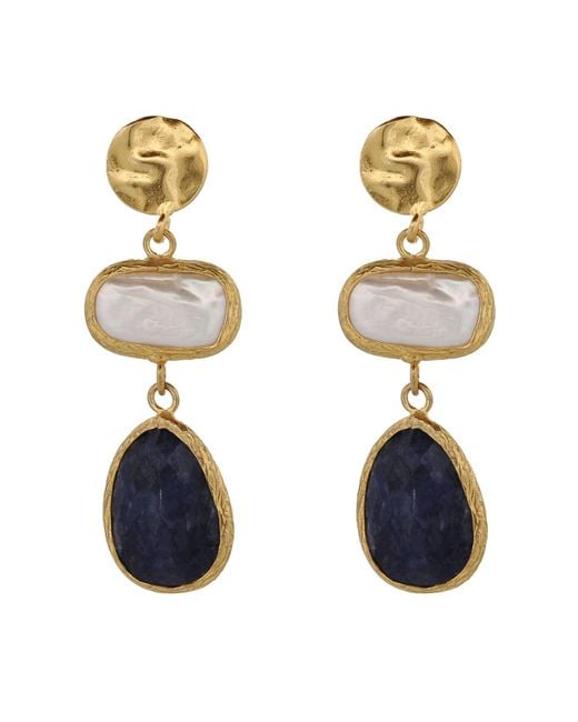 Ebru Jewelry Blue Vintage Style Pearl & Sapphire Gemstone Gold Earrings