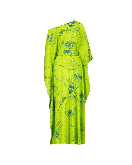 Azzali Green Pure Silk Off Shoulder Kaftan With Semi Concealed Belt